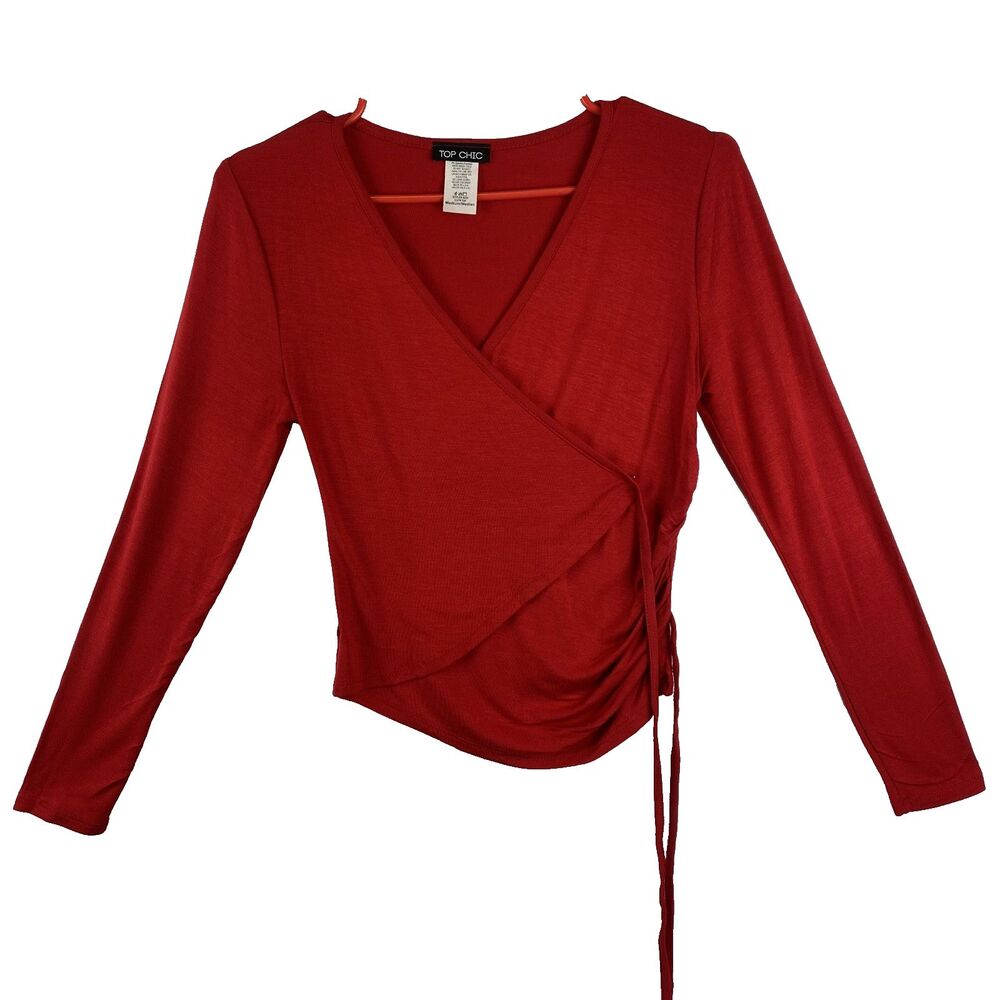Women’s Red Long Sleeve Wrap Top with Tie Detail Size M - Picture 2 of 7